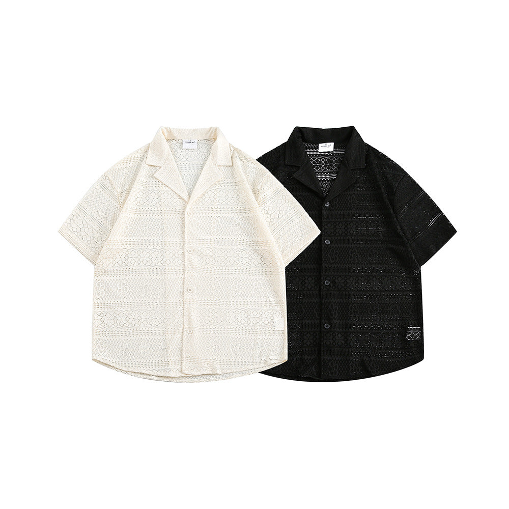 Couple Hollow Pattern Cuban Collar Short Sleeve Shirt