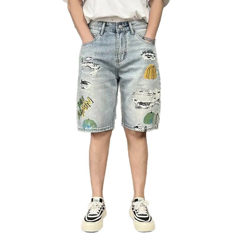 Retro Distressed Light-wash Cropped Ripped Shorts