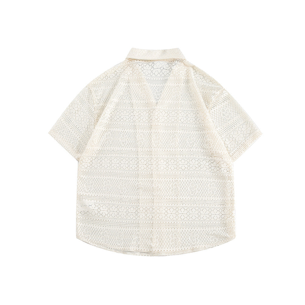 Couple Hollow Pattern Cuban Collar Short Sleeve Shirt