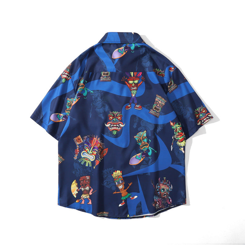 Cuban Collar Short Sleeve Cartoon Full Print Shirt American