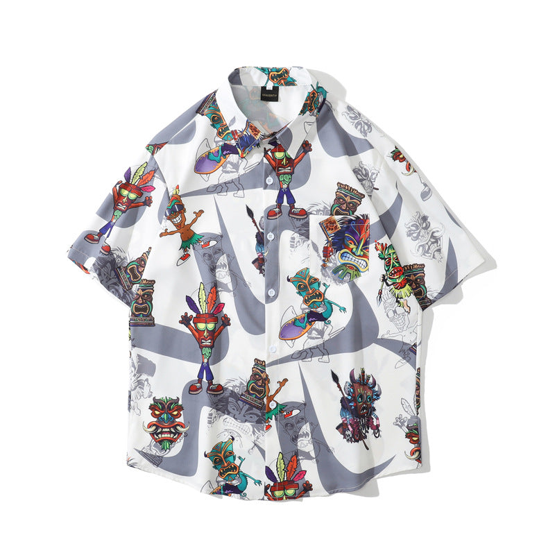 Cuban Collar Short Sleeve Cartoon Full Print Shirt American
