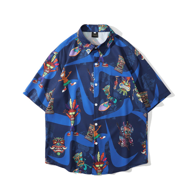 Cuban Collar Short Sleeve Cartoon Full Print Shirt American