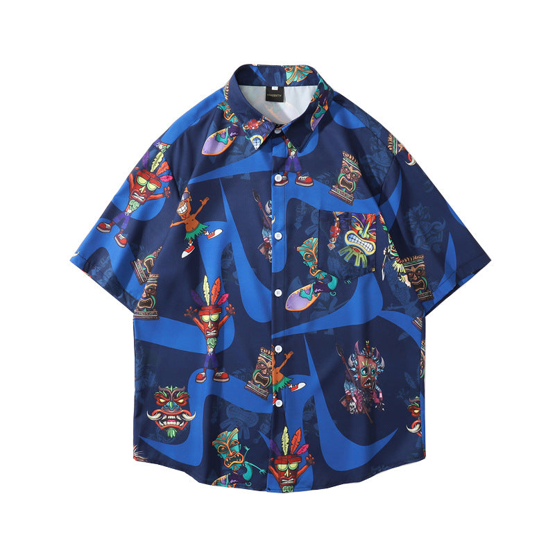 Cuban Collar Short Sleeve Cartoon Full Print Shirt American
