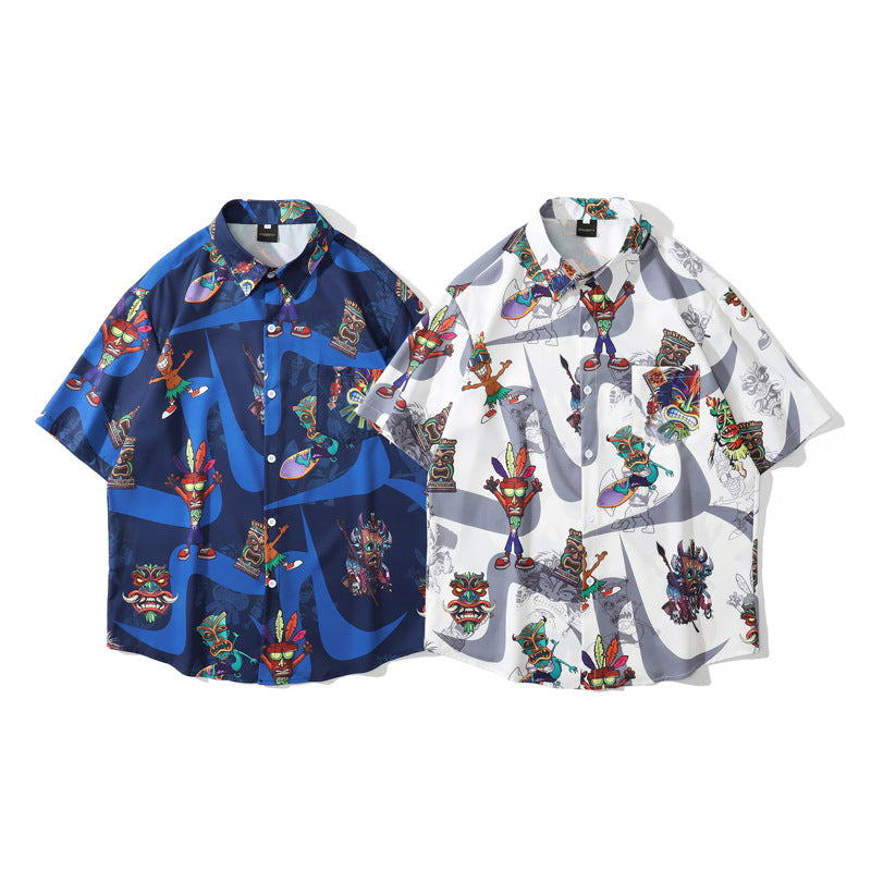 Cuban Collar Short Sleeve Cartoon Full Print Shirt American