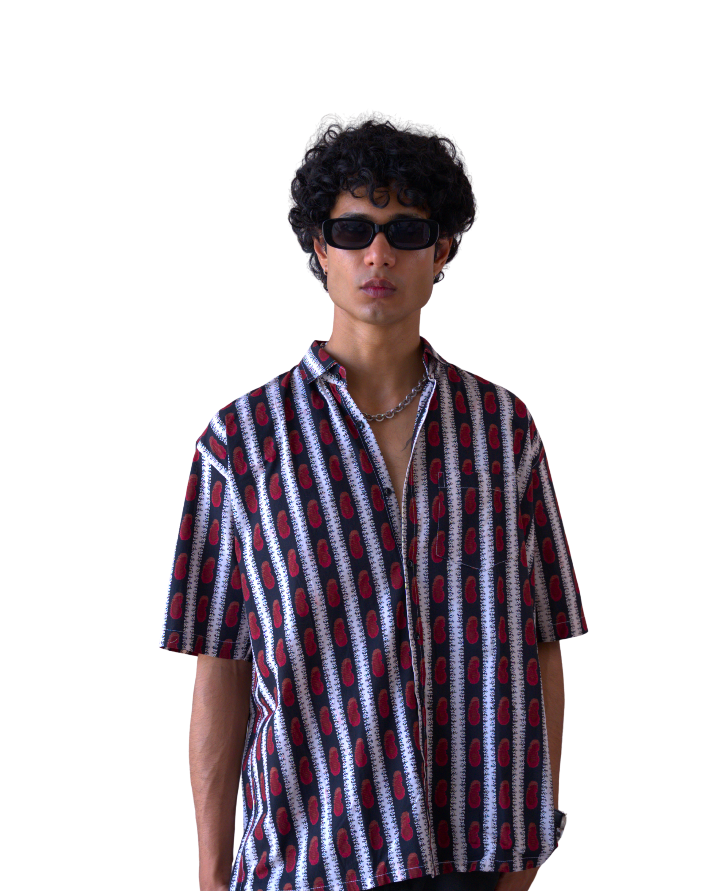 Men Black Red Printed Short Sleeve Shirt for Summer Casual Style