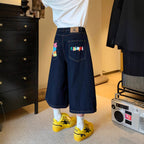 Printed Utility Overalls Versatile Straight-leg Cropped Denim Shorts