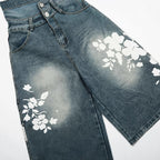 High-street Design Lace Print Slimming Wide-leg Cropped Pants