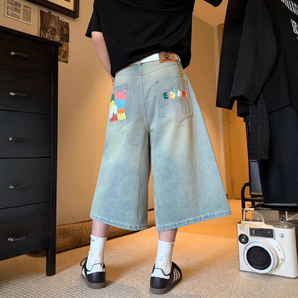 Printed Utility Overalls Versatile Straight-leg Cropped Denim Shorts