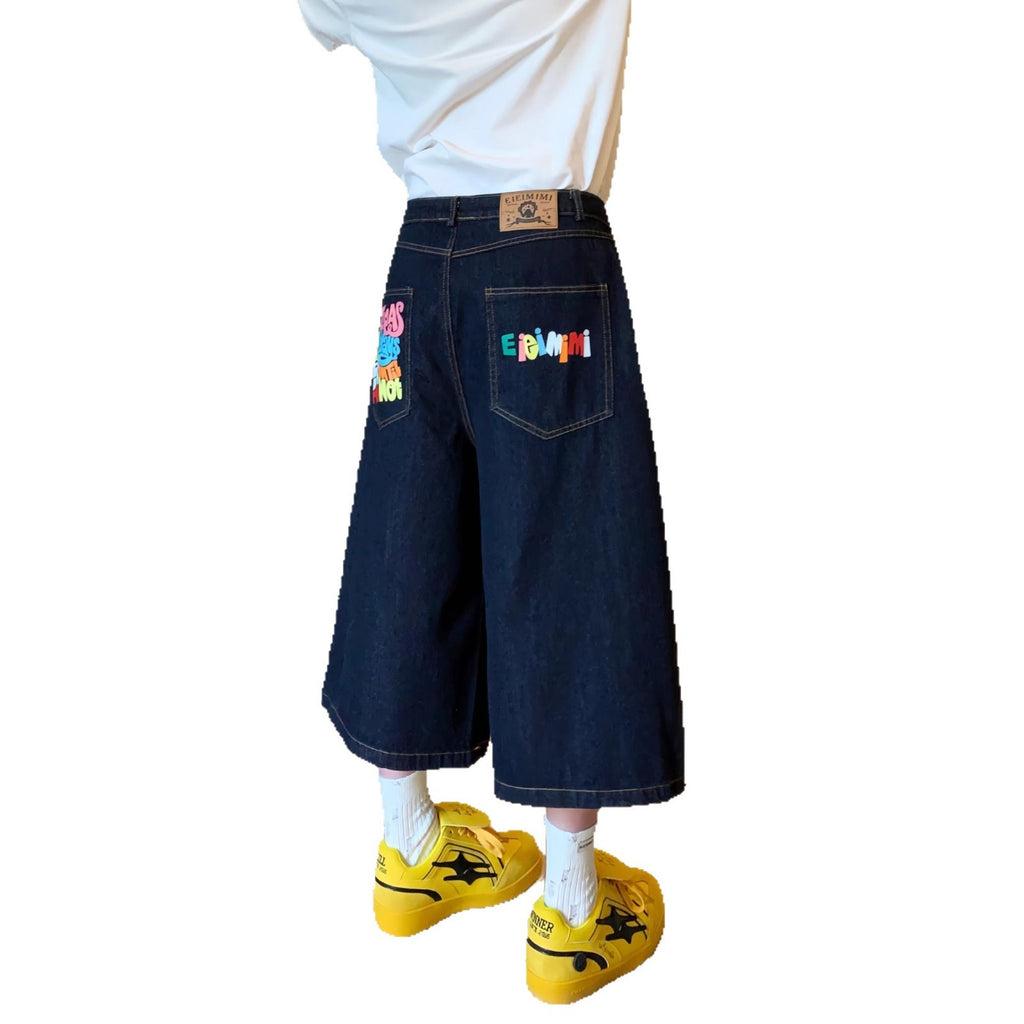 Printed Utility Overalls Versatile Straight-leg Cropped Denim Shorts