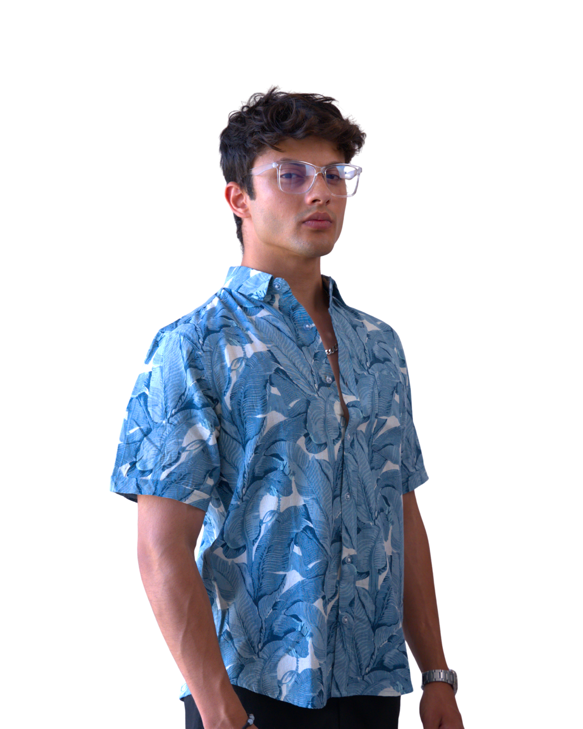 Men Teal Blue Leaf Print Short Sleeve Shirt for Summer and Resort Wear