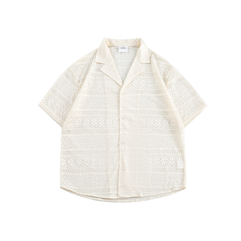 Couple Hollow Pattern Cuban Collar Short Sleeve Shirt