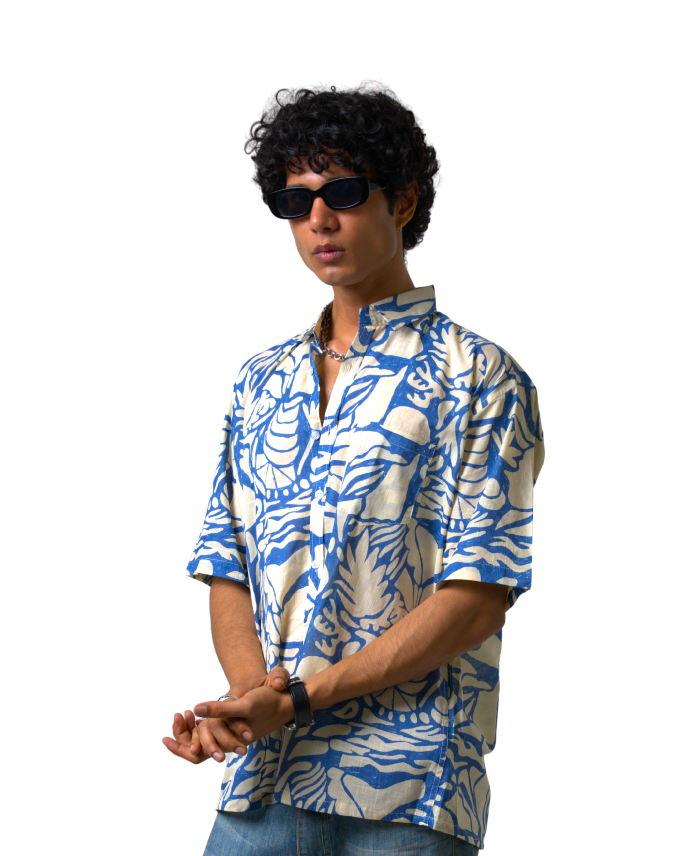 Blue Tropical Print Cotton Shirt