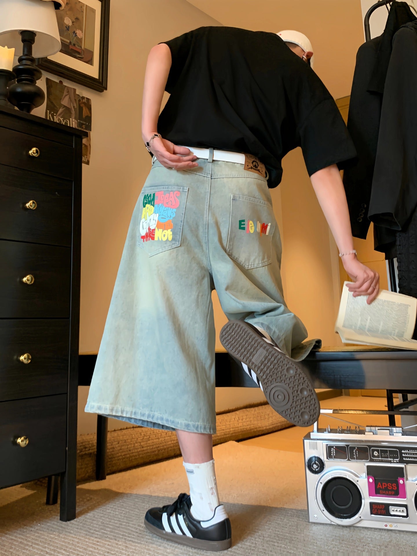 Printed Utility Overalls Versatile Straight-leg Cropped Denim Shorts