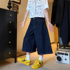 Printed Utility Overalls Versatile Straight-leg Cropped Denim Shorts