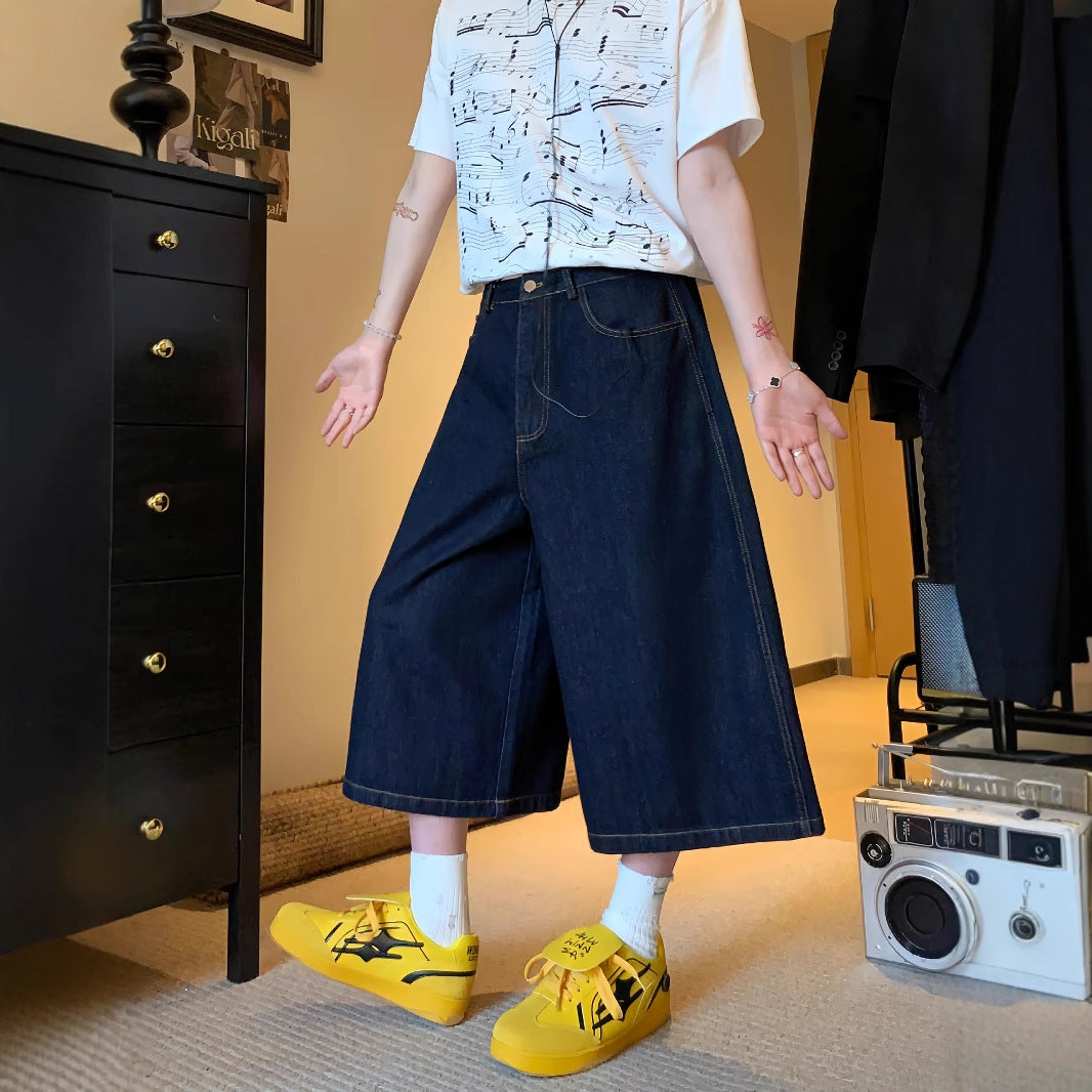 Printed Utility Overalls Versatile Straight-leg Cropped Denim Shorts