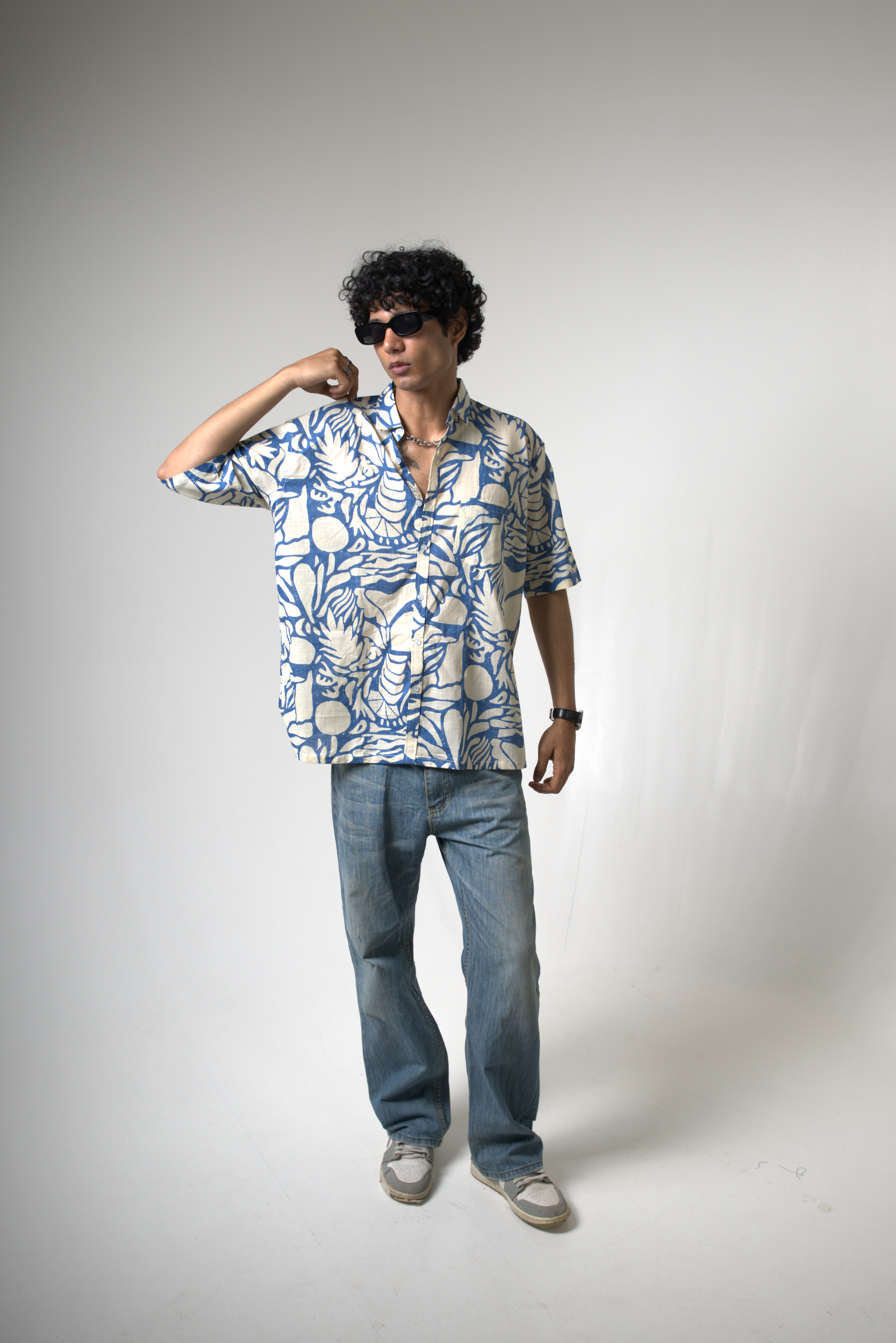 Blue Tropical Print Cotton Shirt