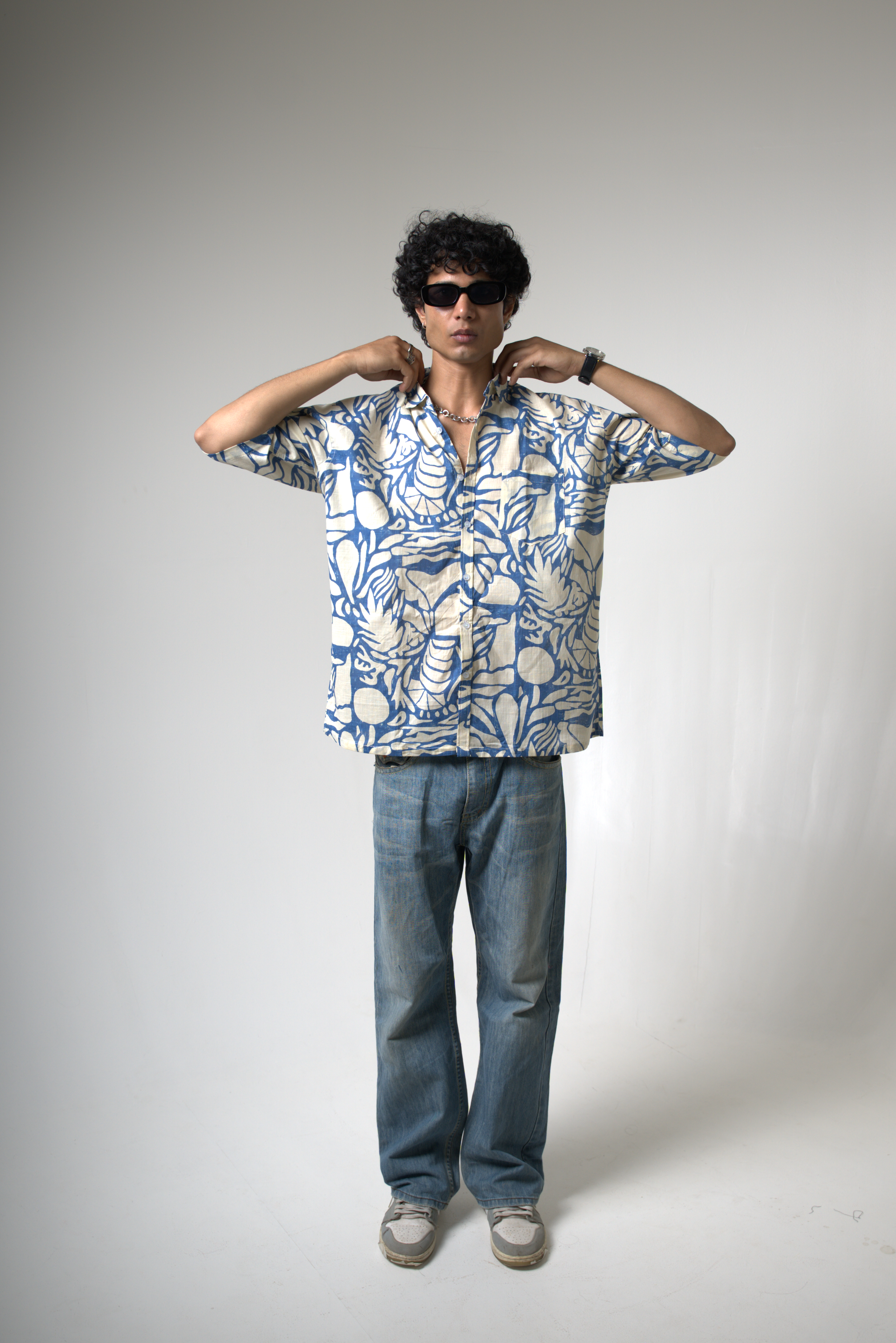 Blue Tropical Print Cotton Shirt