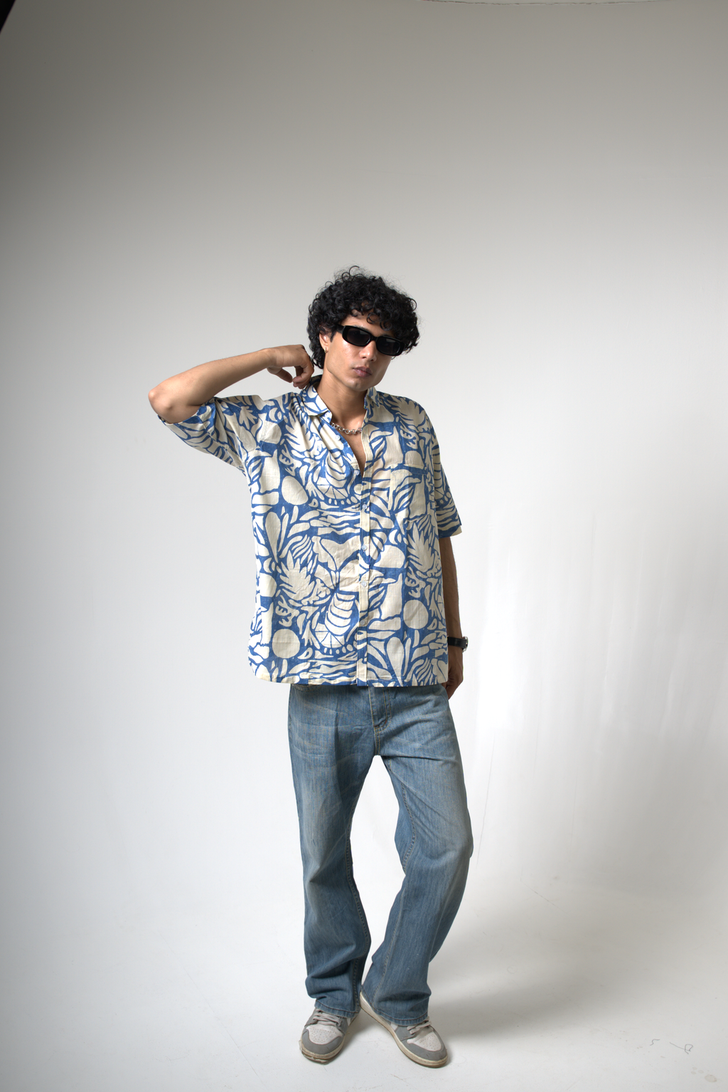 Blue Tropical Print Cotton Shirt