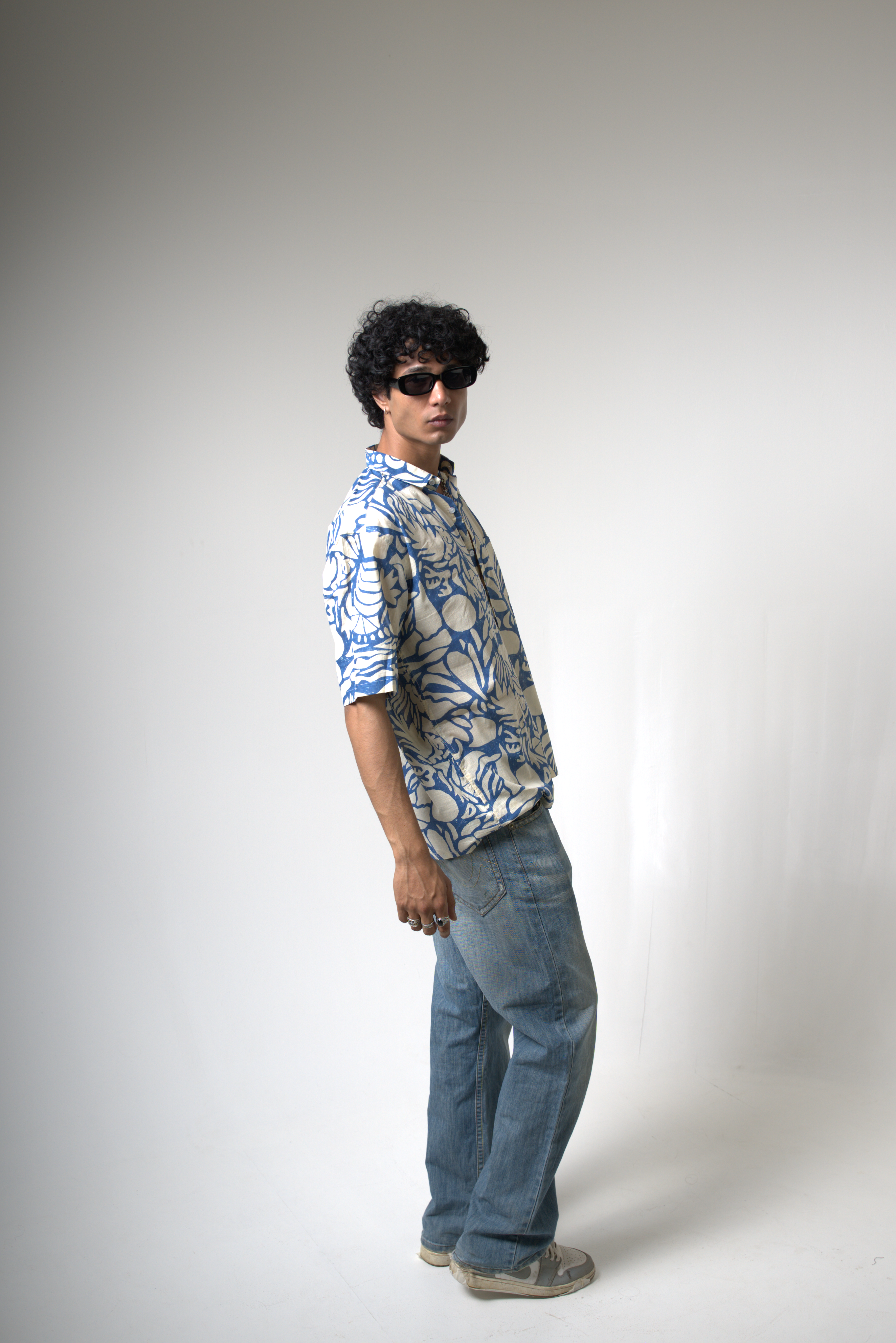 Blue Tropical Print Cotton Shirt