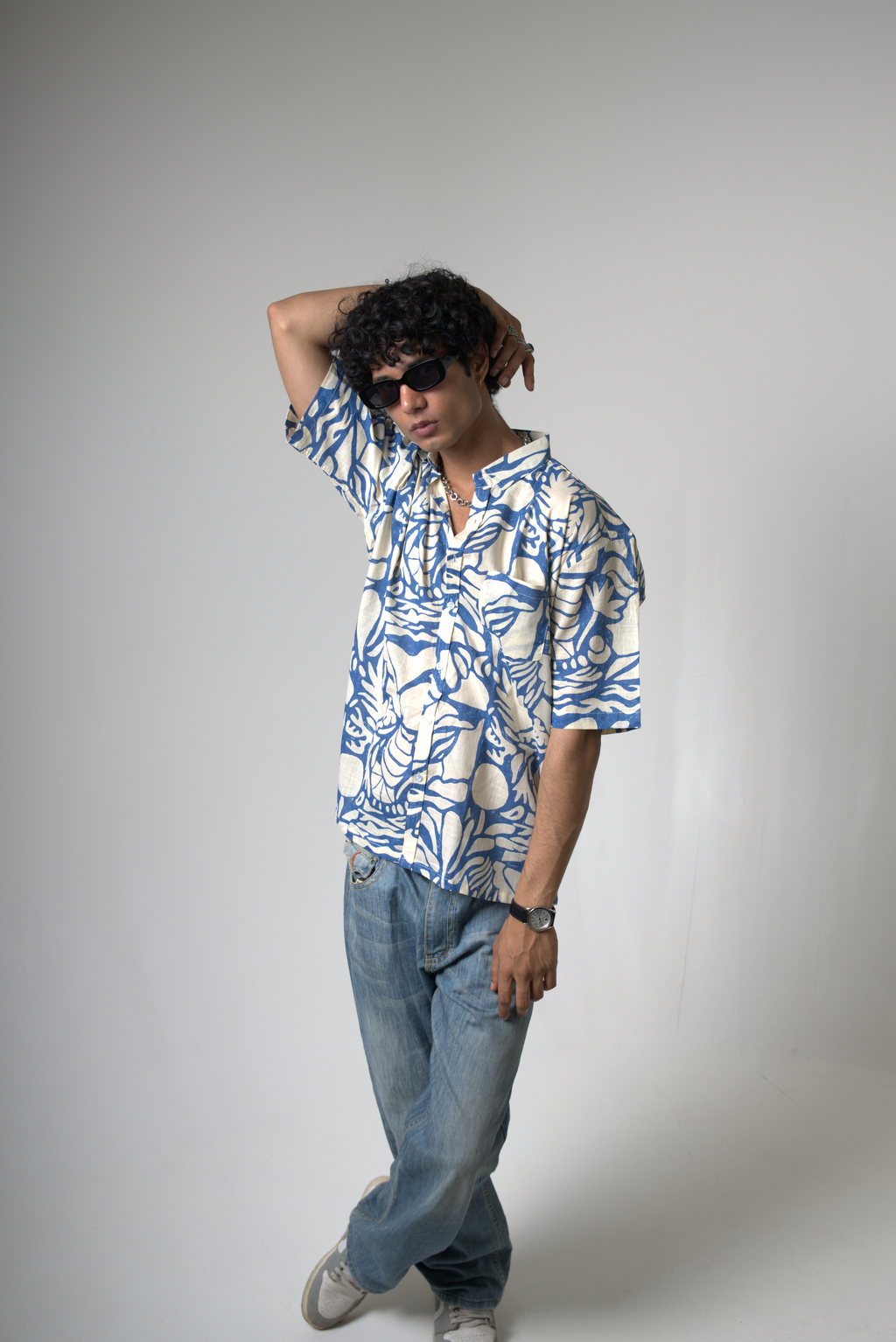 Blue Tropical Print Cotton Shirt