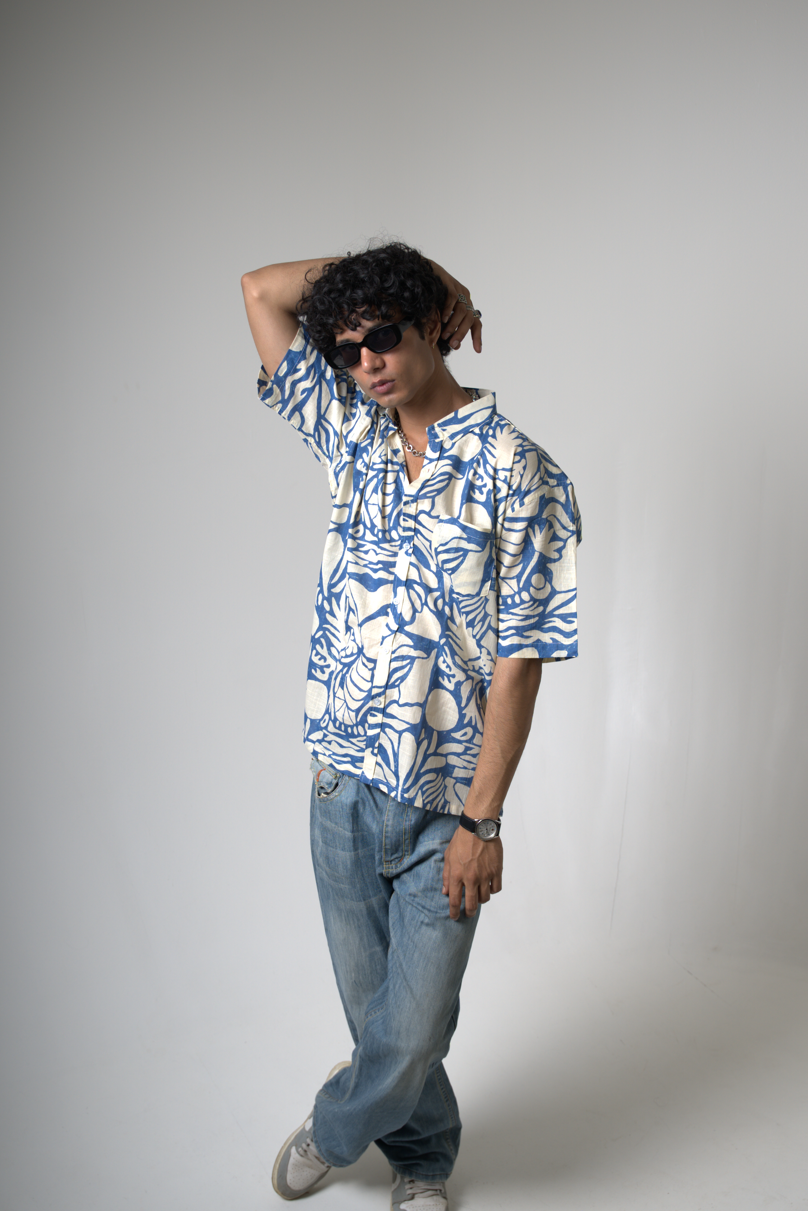 Blue Tropical Print Cotton Shirt