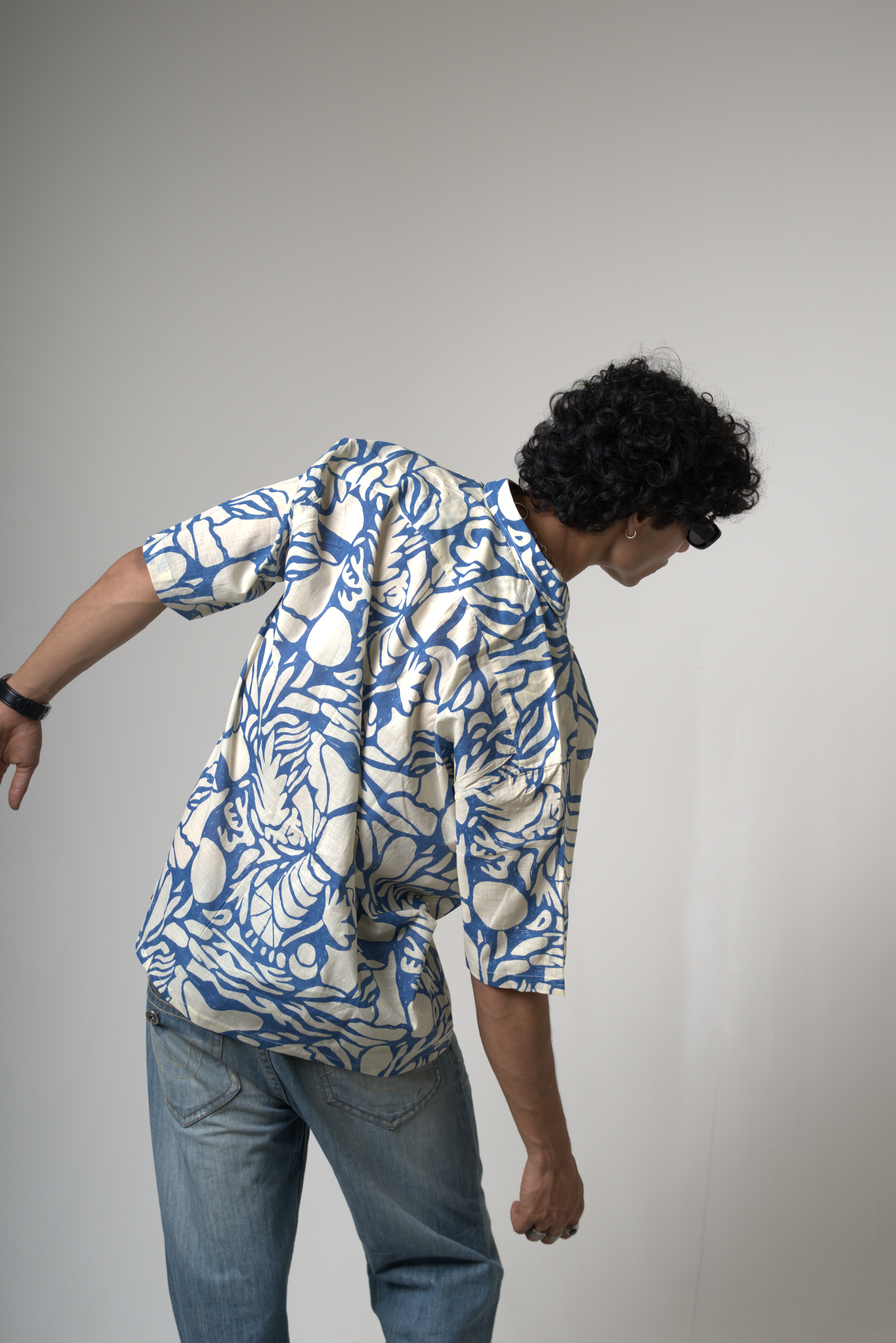 Blue Tropical Print Cotton Shirt