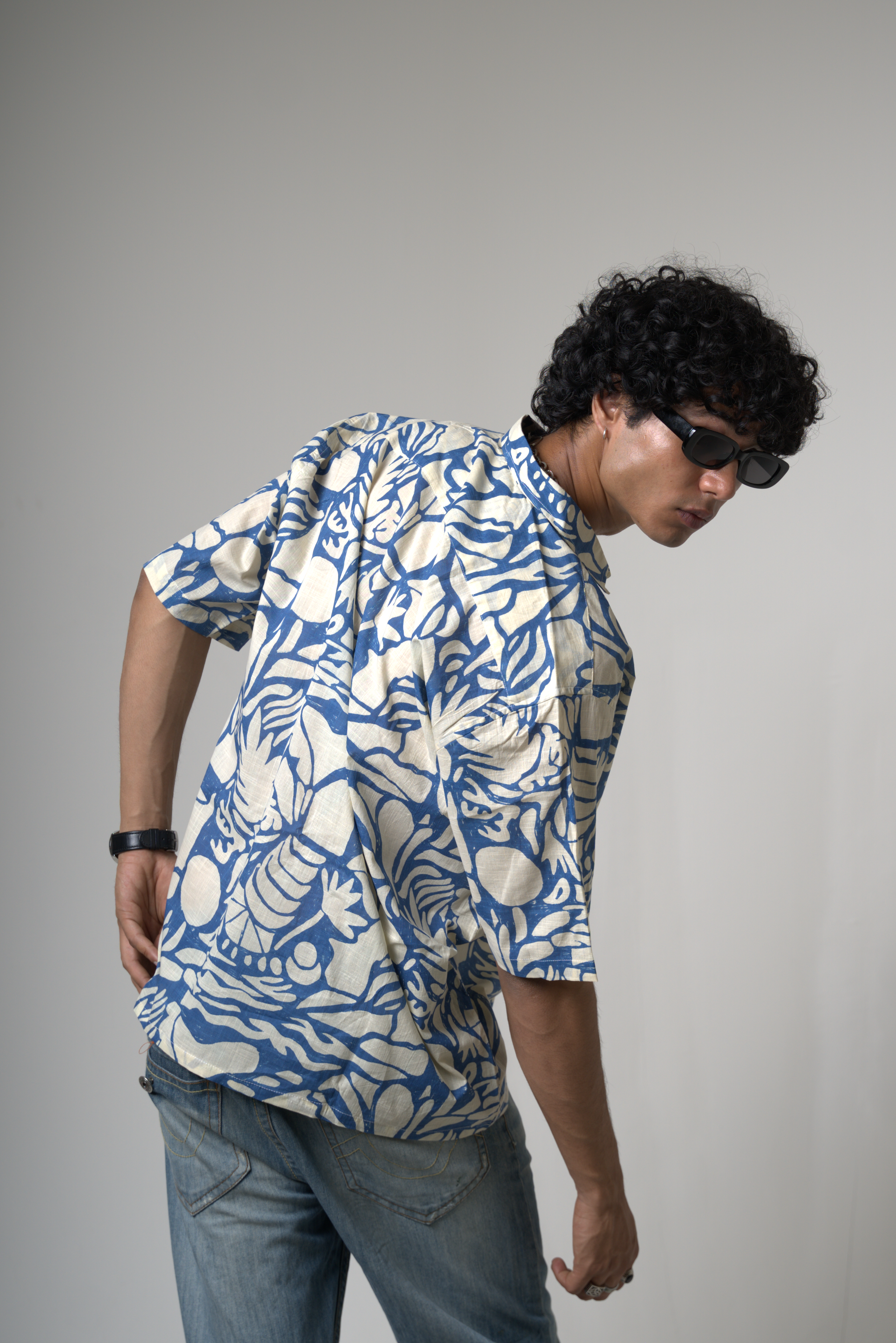 Blue Tropical Print Cotton Shirt
