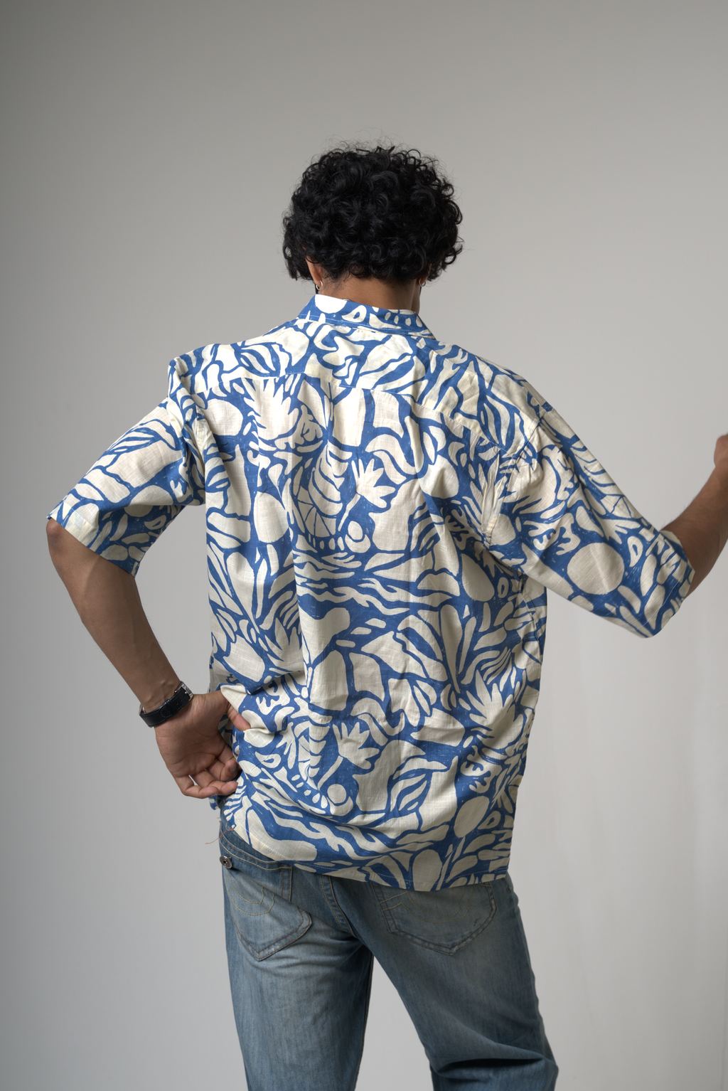 Blue Tropical Print Cotton Shirt