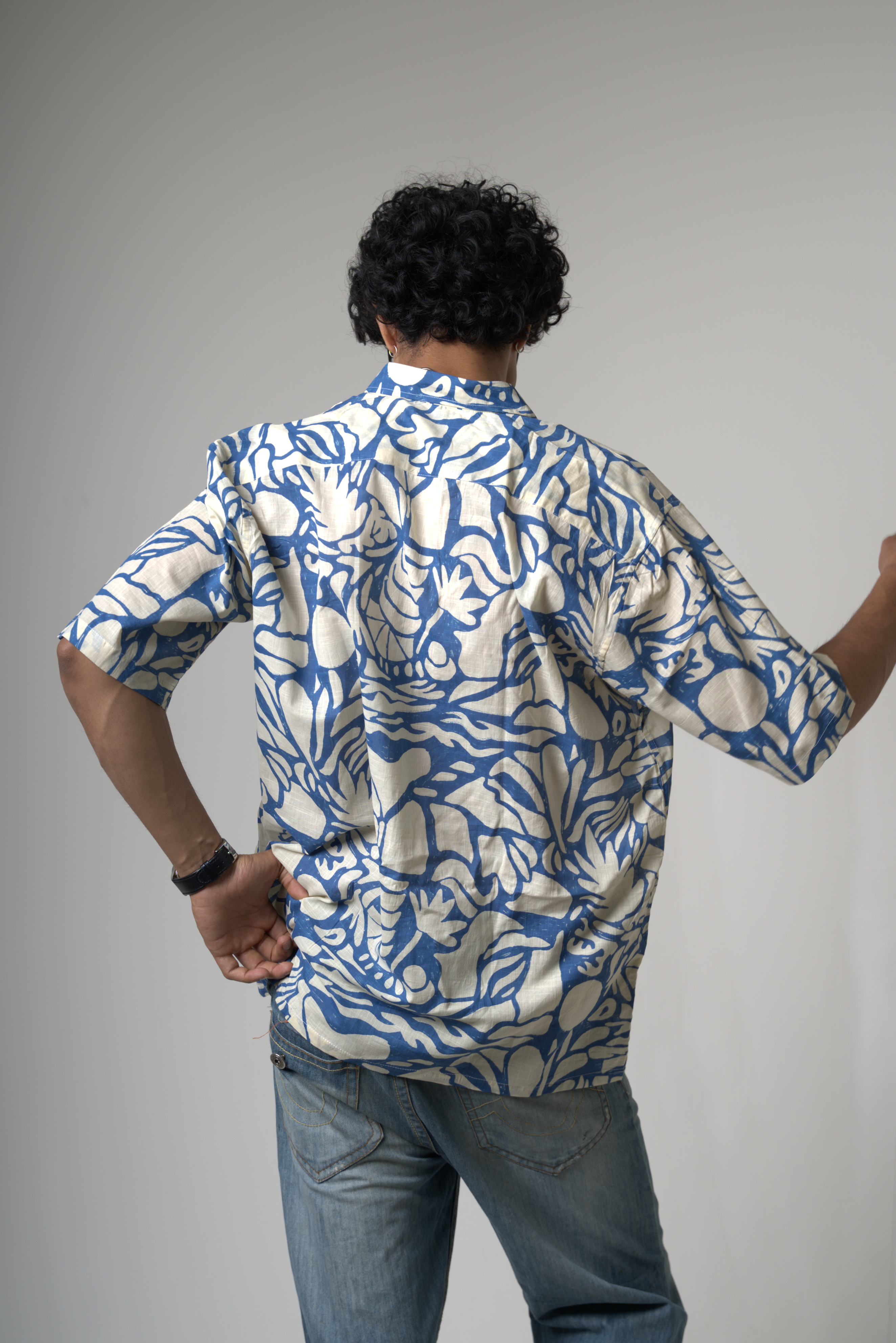 Blue Tropical Print Cotton Shirt