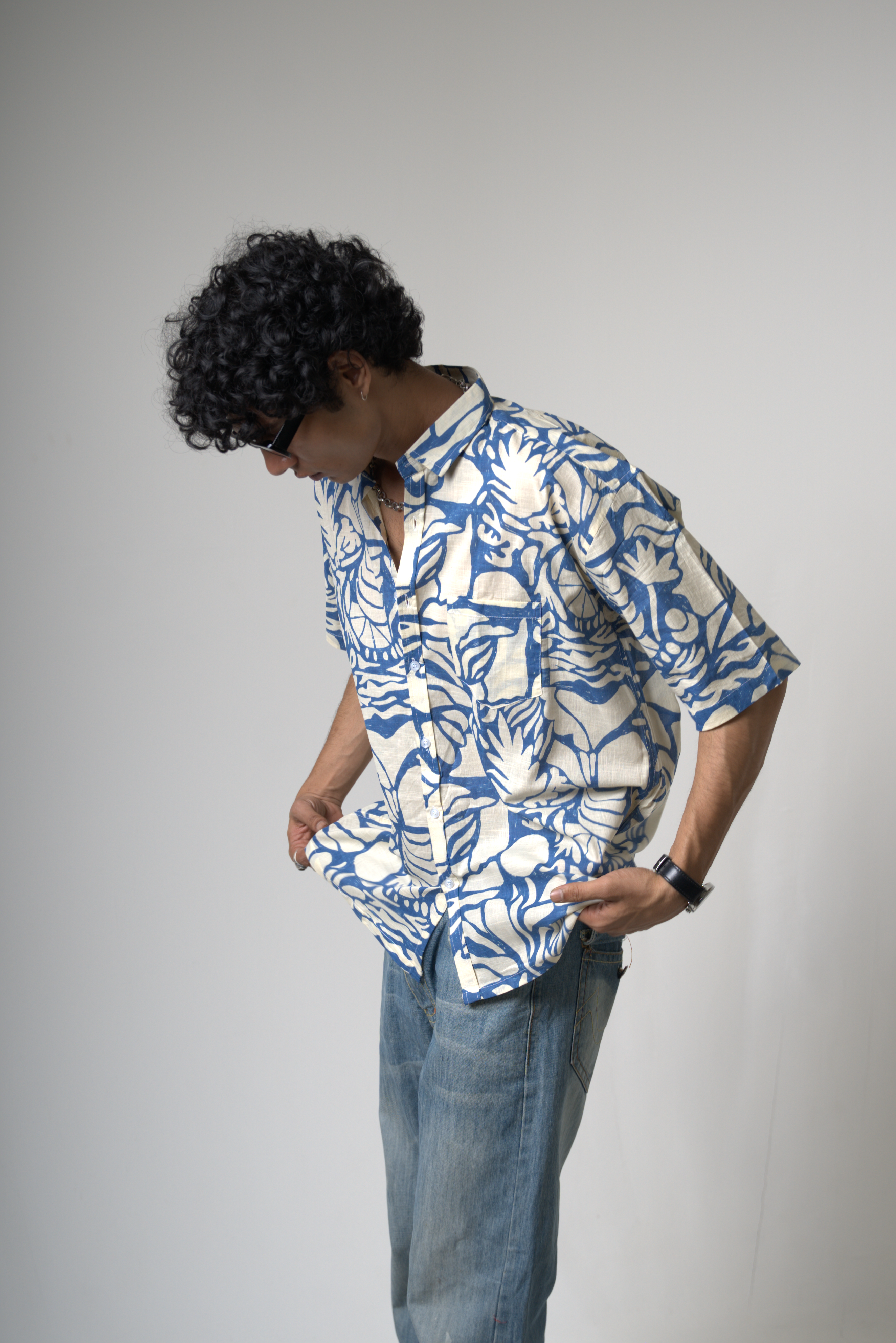 Blue Tropical Print Cotton Shirt