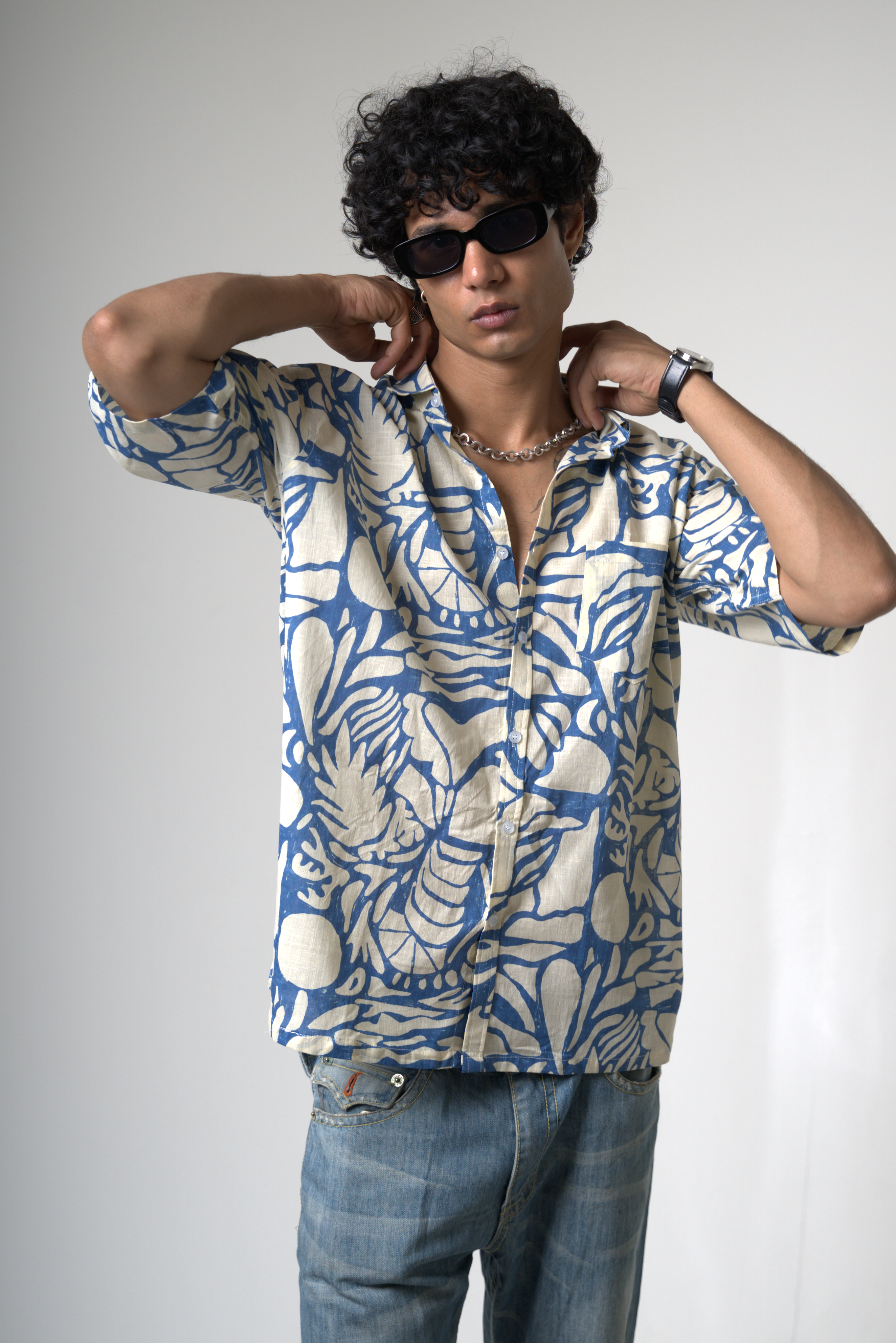 Blue Tropical Print Cotton Shirt
