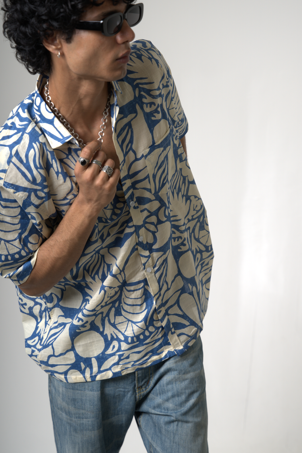 Blue Tropical Print Cotton Shirt