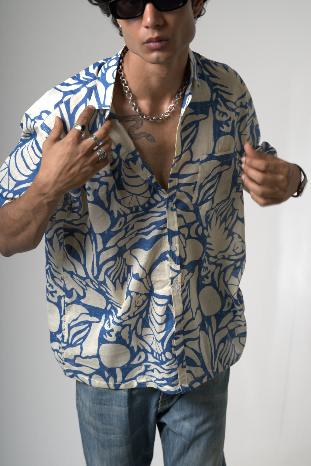 Blue Tropical Print Cotton Shirt