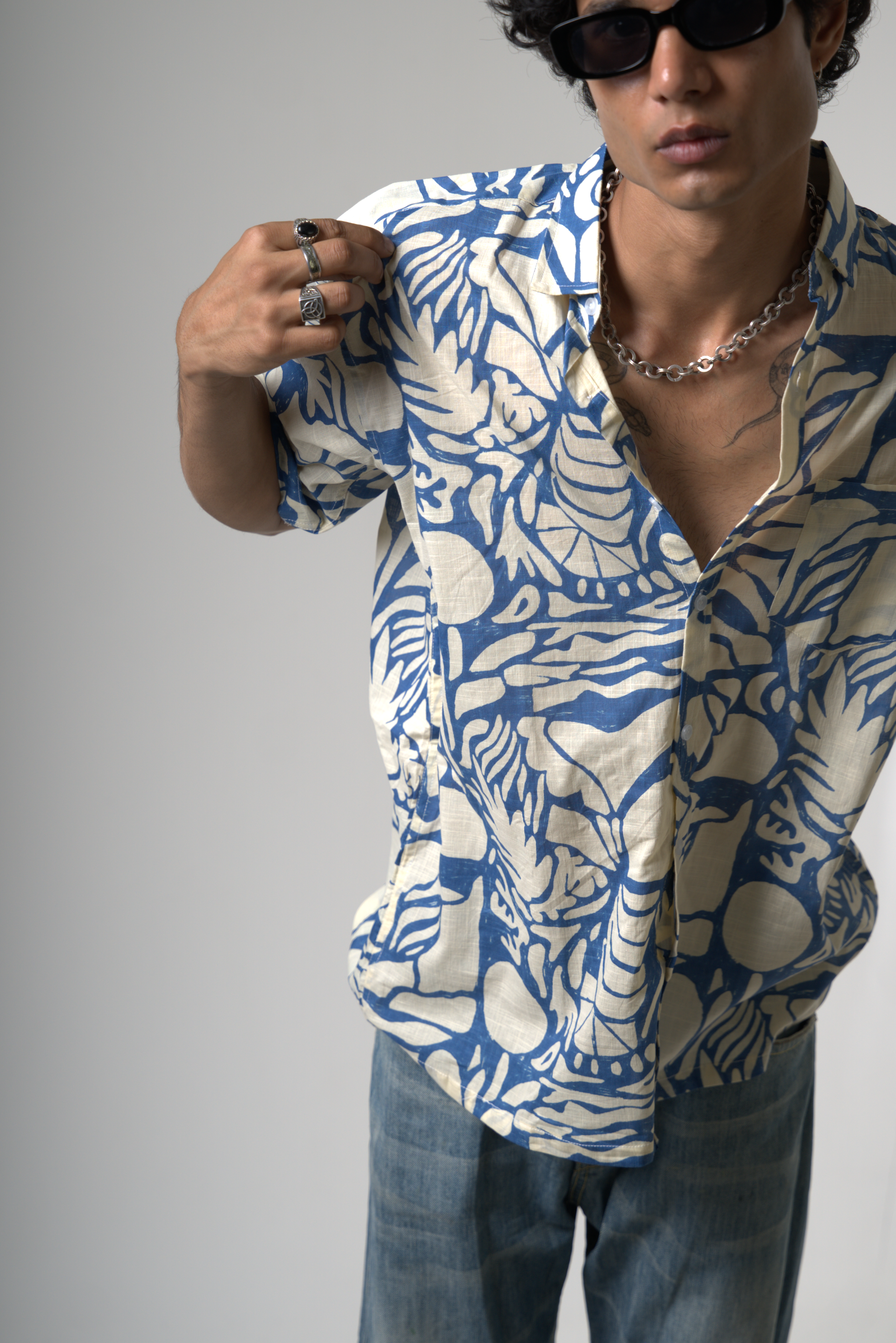 Blue Tropical Print Cotton Shirt