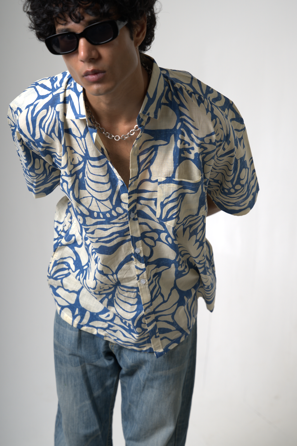 Blue Tropical Print Cotton Shirt