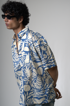 Blue Tropical Print Cotton Shirt