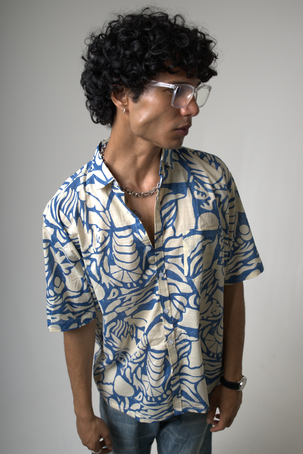 Blue Tropical Print Cotton Shirt