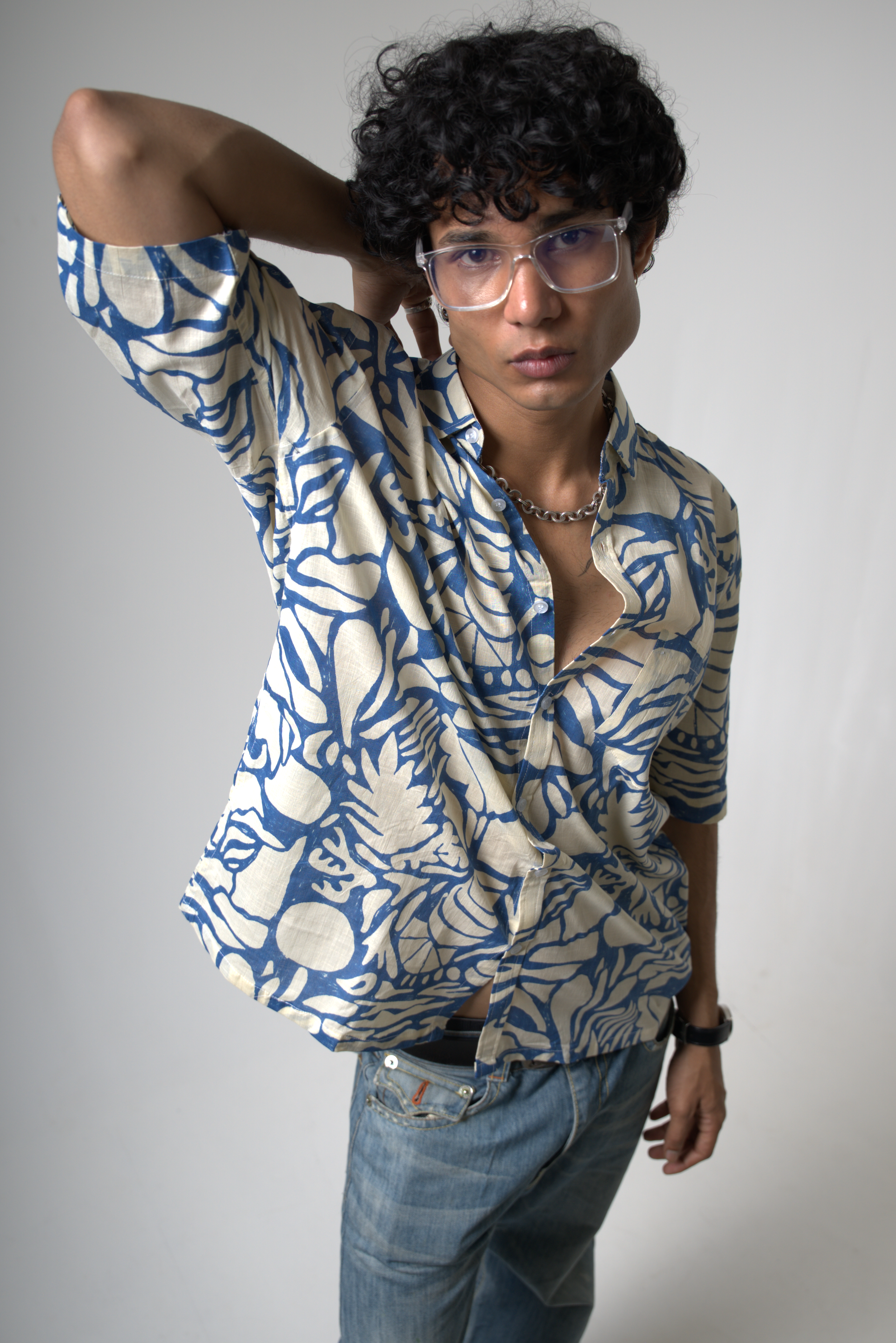 Blue Tropical Print Cotton Shirt