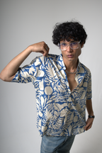 Blue Tropical Print Cotton Shirt