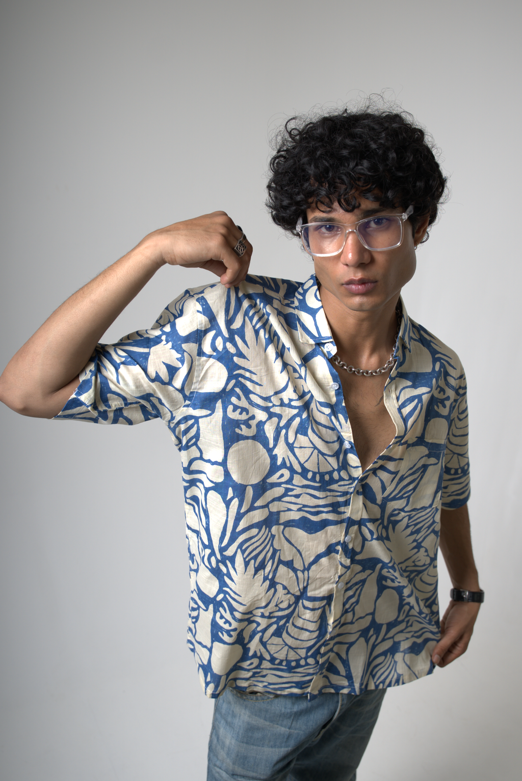 Blue Tropical Print Cotton Shirt