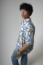 Blue Tropical Print Cotton Shirt