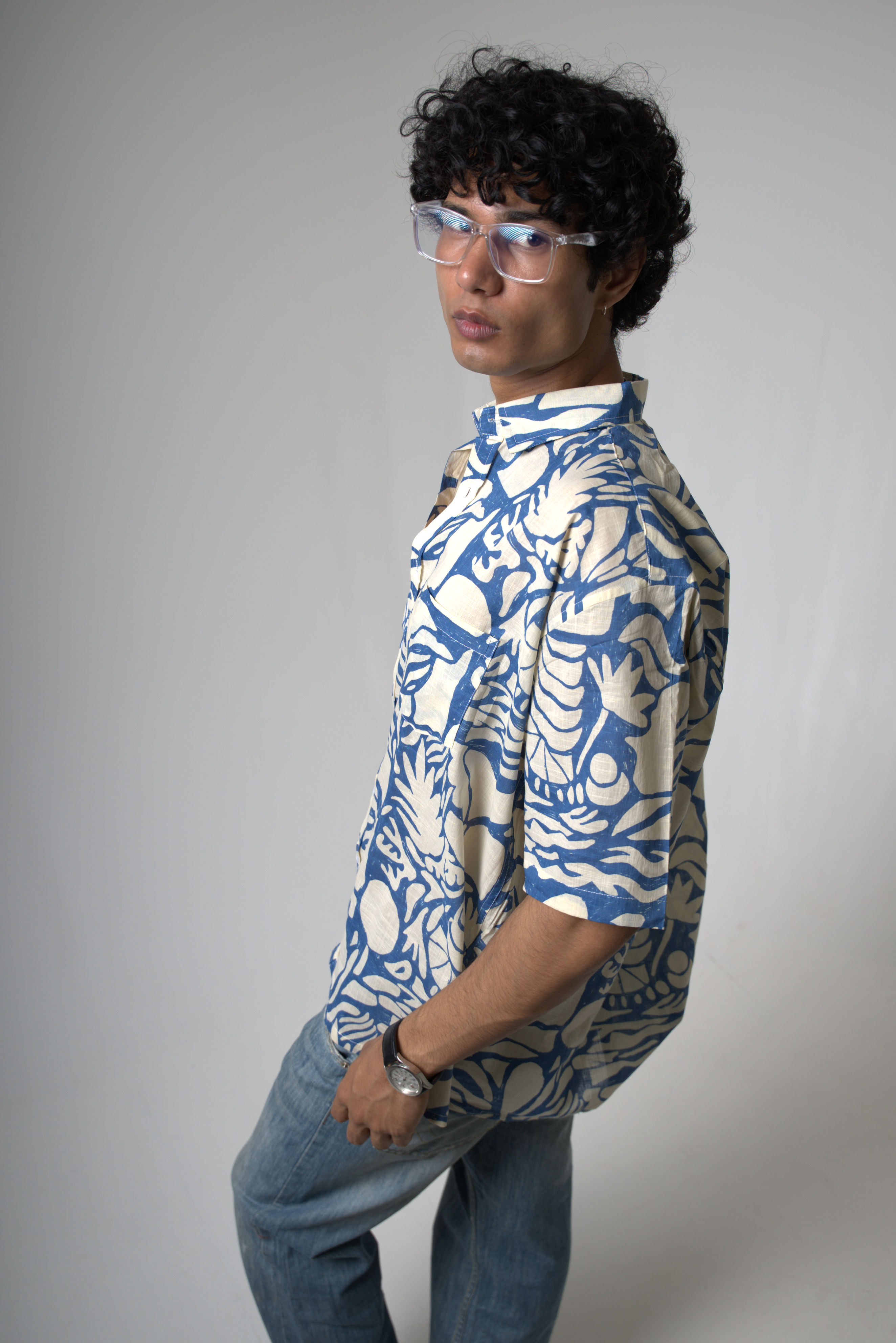 Blue Tropical Print Cotton Shirt