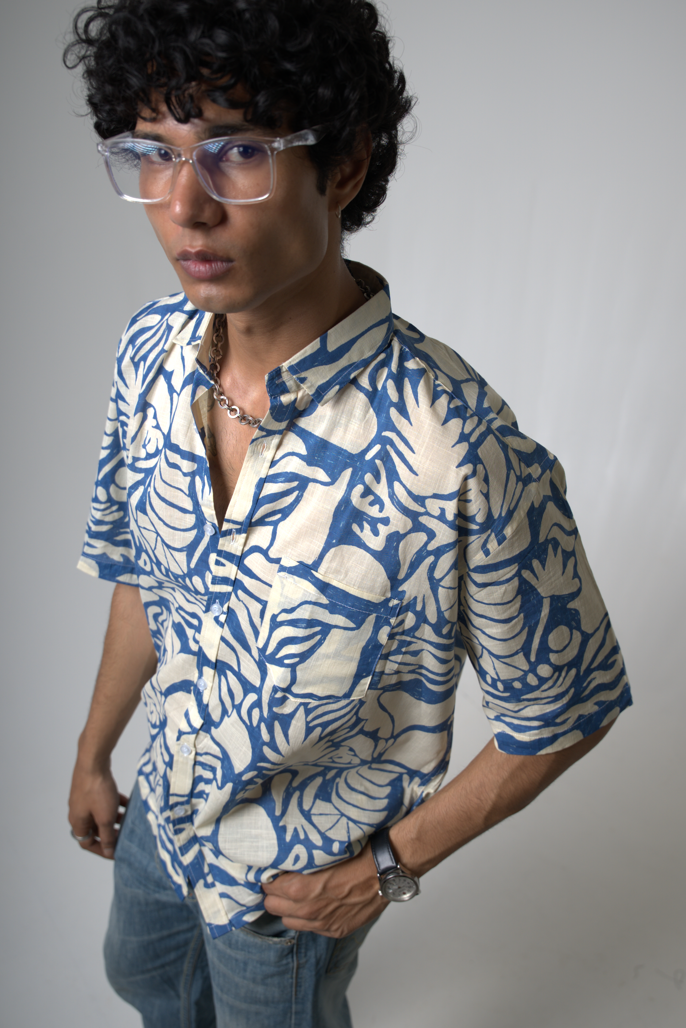 Blue Tropical Print Cotton Shirt