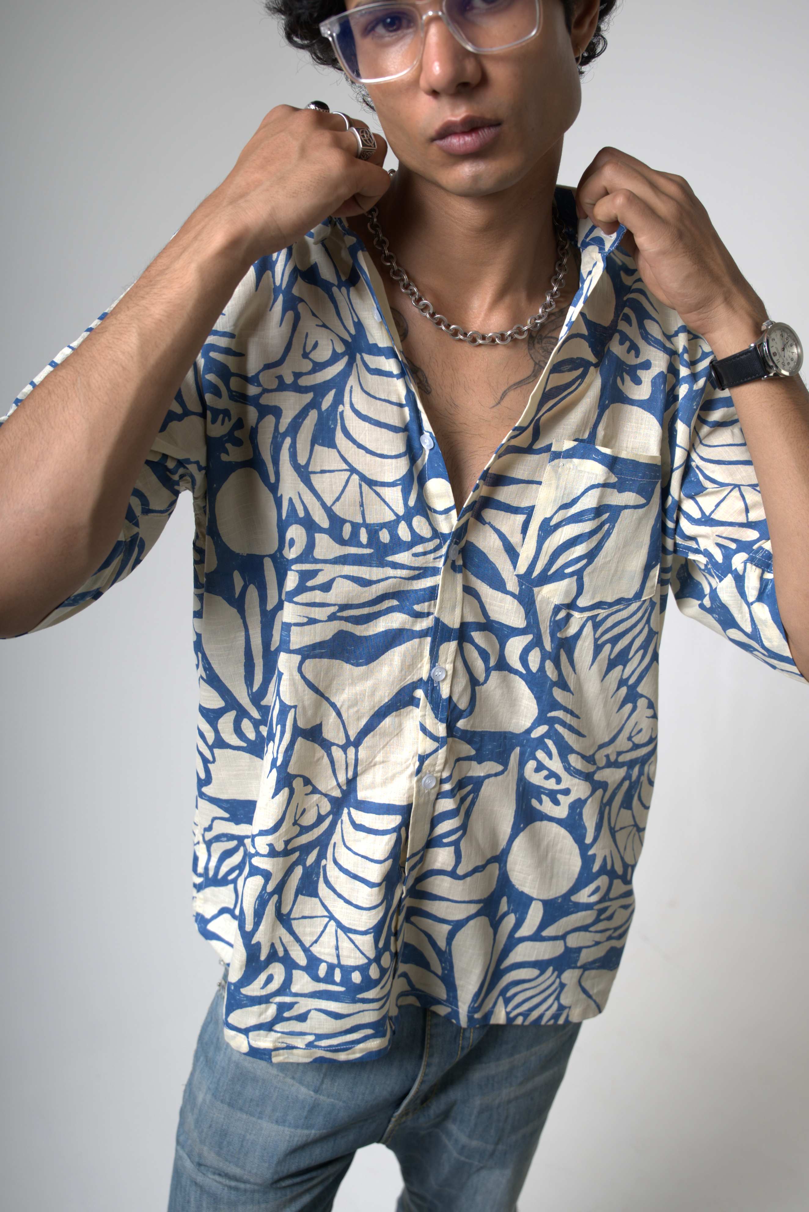 Blue Tropical Print Cotton Shirt