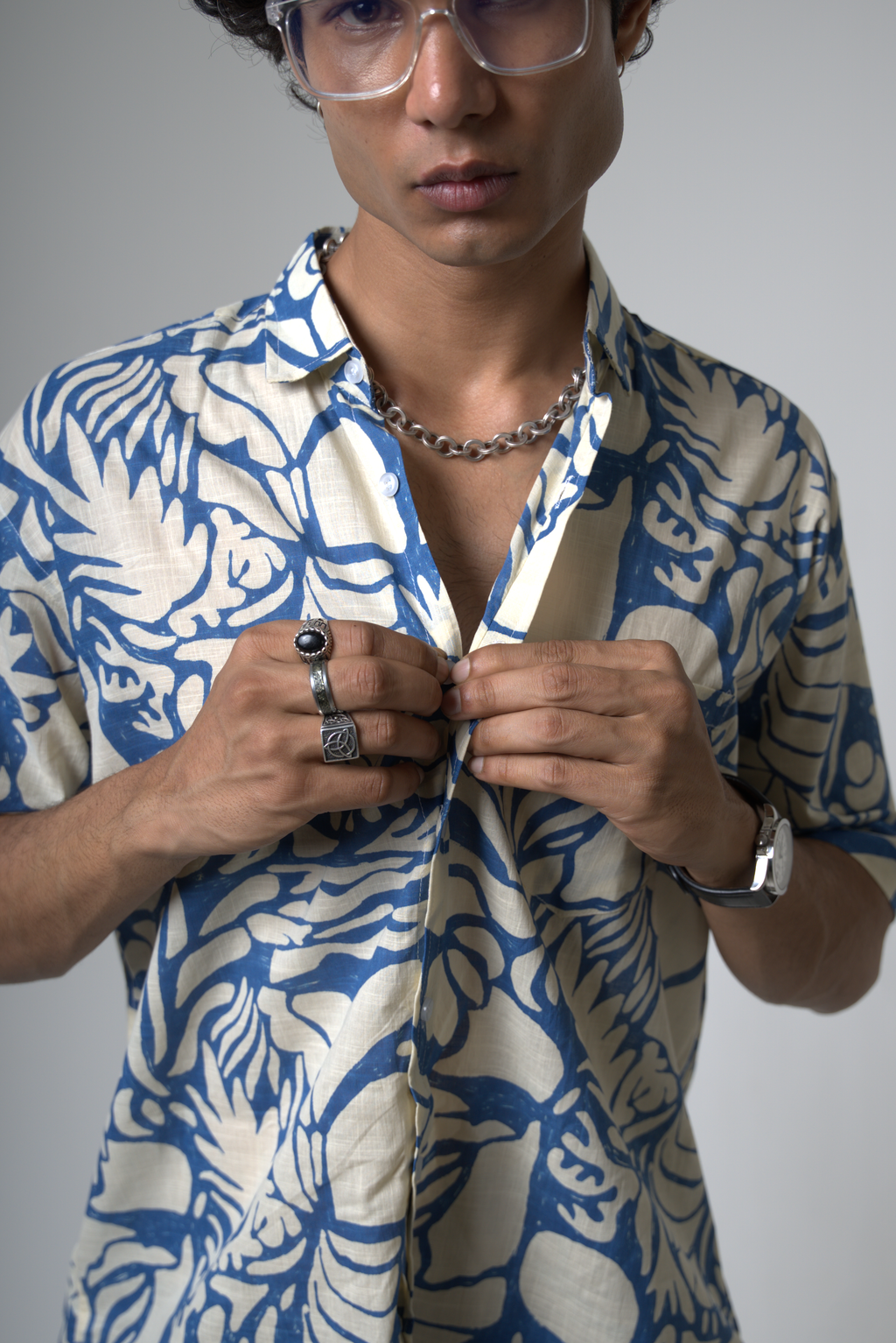 Blue Tropical Print Cotton Shirt