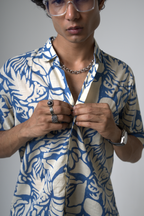 Blue Tropical Print Cotton Shirt