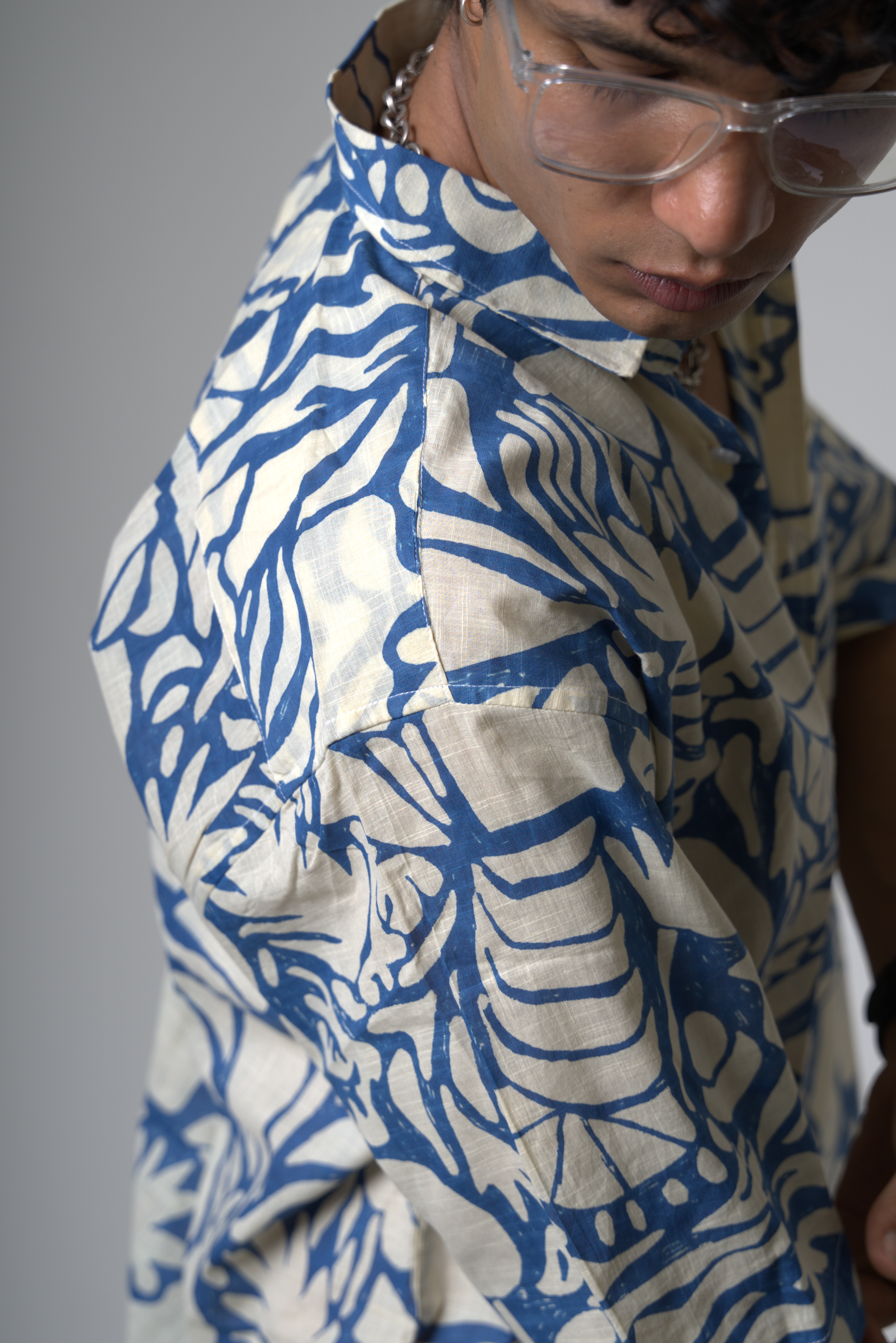 Blue Tropical Print Cotton Shirt
