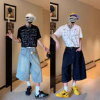 Printed Utility Overalls Versatile Straight-leg Cropped Denim Shorts