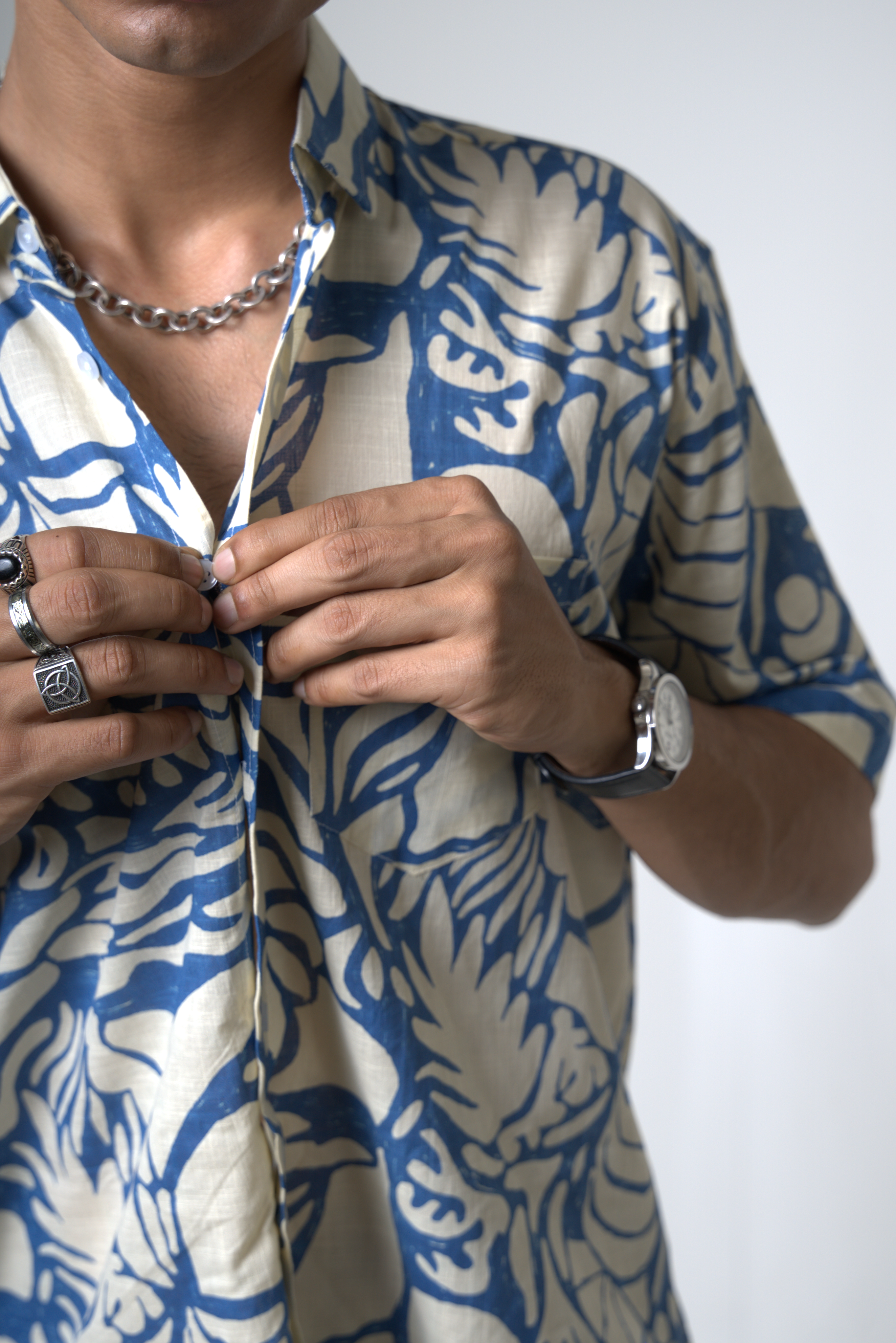 Blue Tropical Print Cotton Shirt dripkaar.com