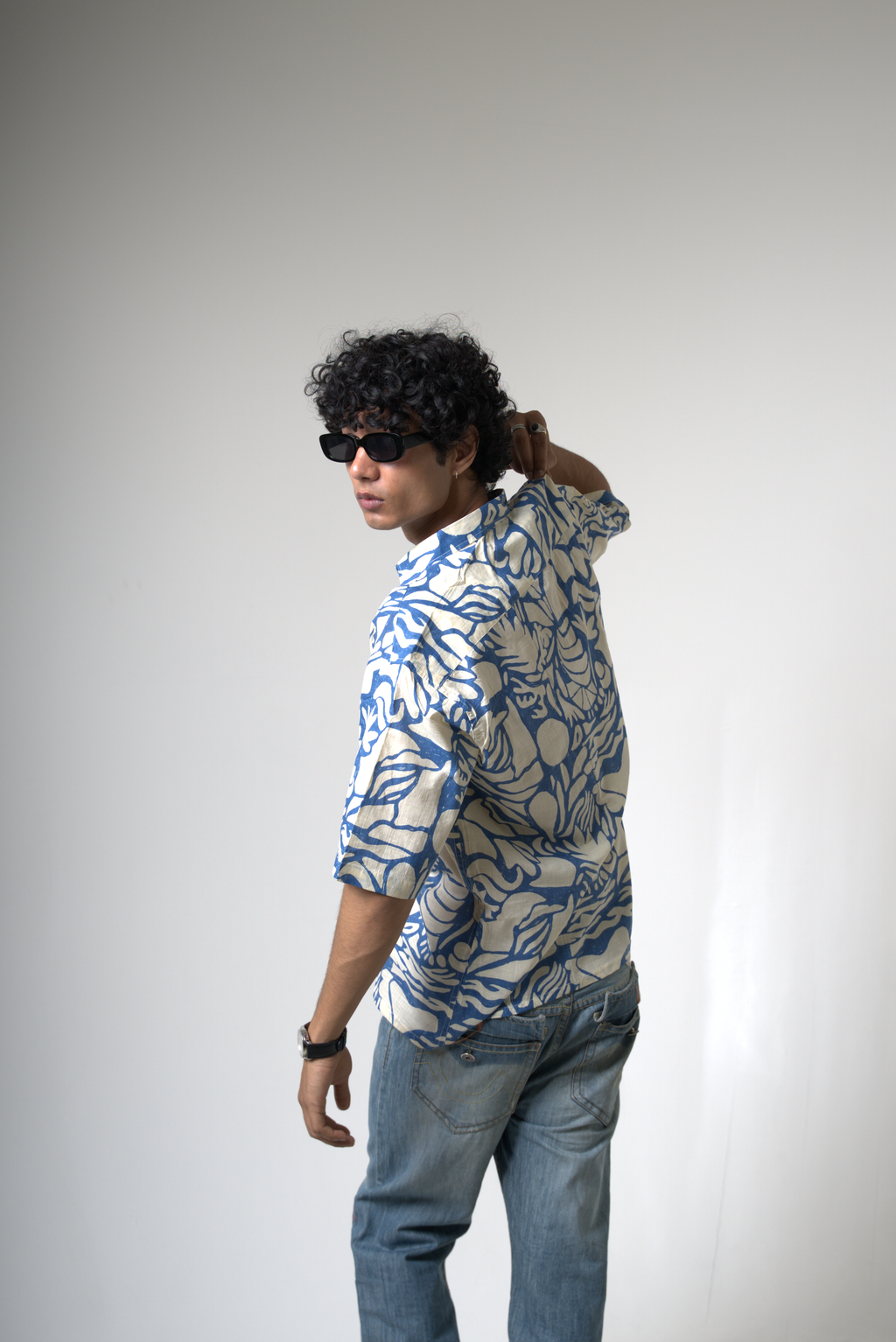 Blue Tropical Print Cotton Shirt dripkaar.com